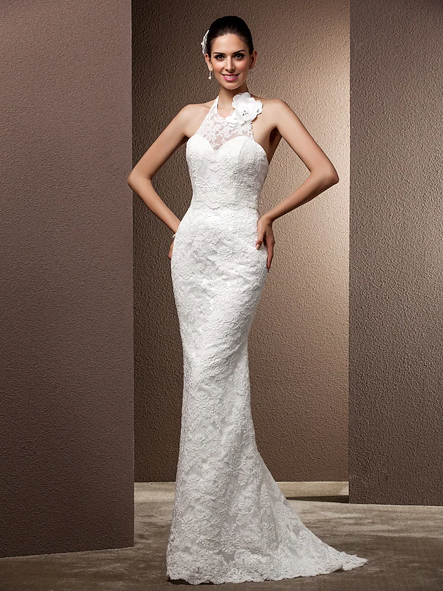 Wedding Dresses Halter Neck Lace Regular Straps Open Back with Beading Flower