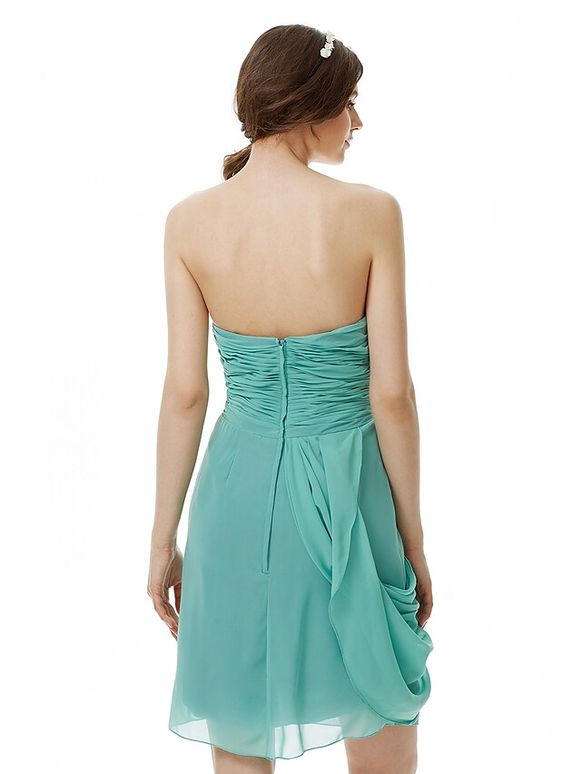 Sweetheart Neckline Strapless Knee Length Chiffon Bridesmaid Dress with Criss Cross Side Draping Flower Pure Color