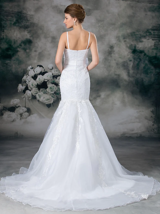 Wedding Dresses Sweetheart Neckline Chapel Train Lace Organza Satin Spaghetti Strap with Sashes Ribbons Bow(s)