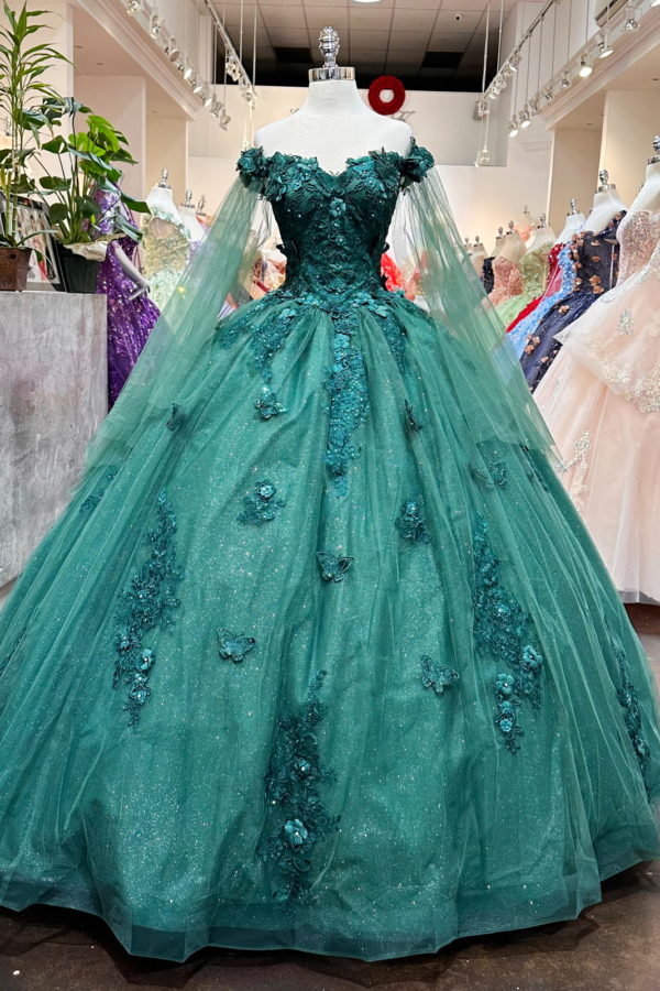 Long sleeved 3D floral adult dress with stickers Quinceanera Dress Prom Dress
