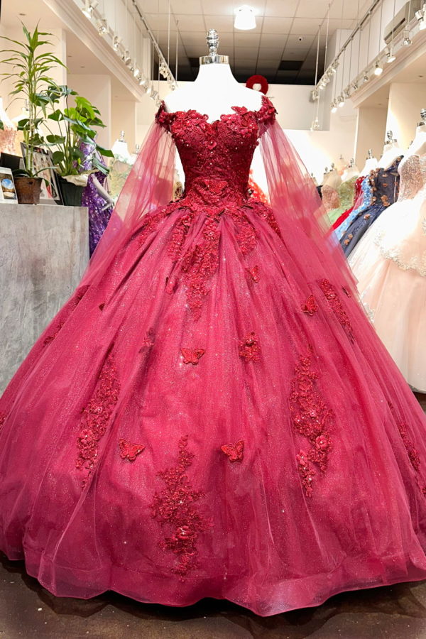 Long sleeved 3D floral adult dress with stickers Quinceanera Dress Prom Dress