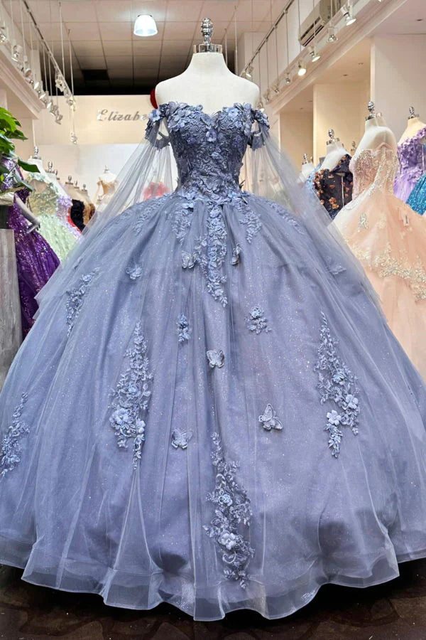 Long sleeved 3D floral adult dress with stickers Quinceanera Dress Prom Dress