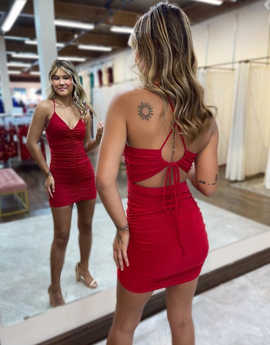 Red Spaghetti Straps Key Hole Back Homecoming Dress Sexy Party Dress Formal Dress