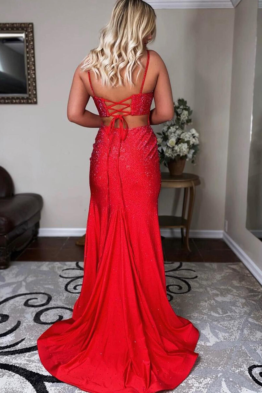 Mermaid Spaghetti Straps Long Prom Dress with Beading Sexy Evening Dresses
