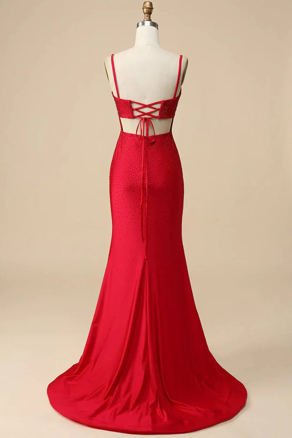 Mermaid Spaghettti Straps Sequins Long Prom Dress with Split Front Red