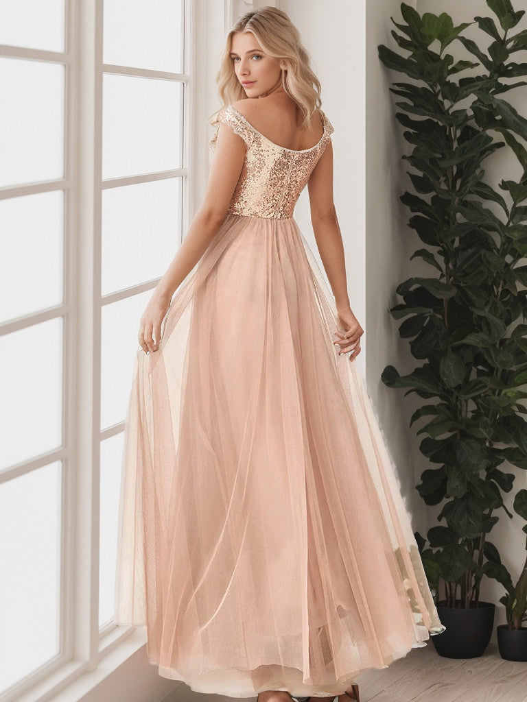 Shiny Sequin Bodice Off the Shoulder Maxi Tulle Evening Dress Sparkly