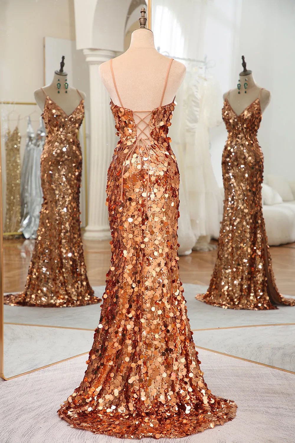 Mermaid Spaghetti Straps Long Sequin Prom Dress With Split Sparkly