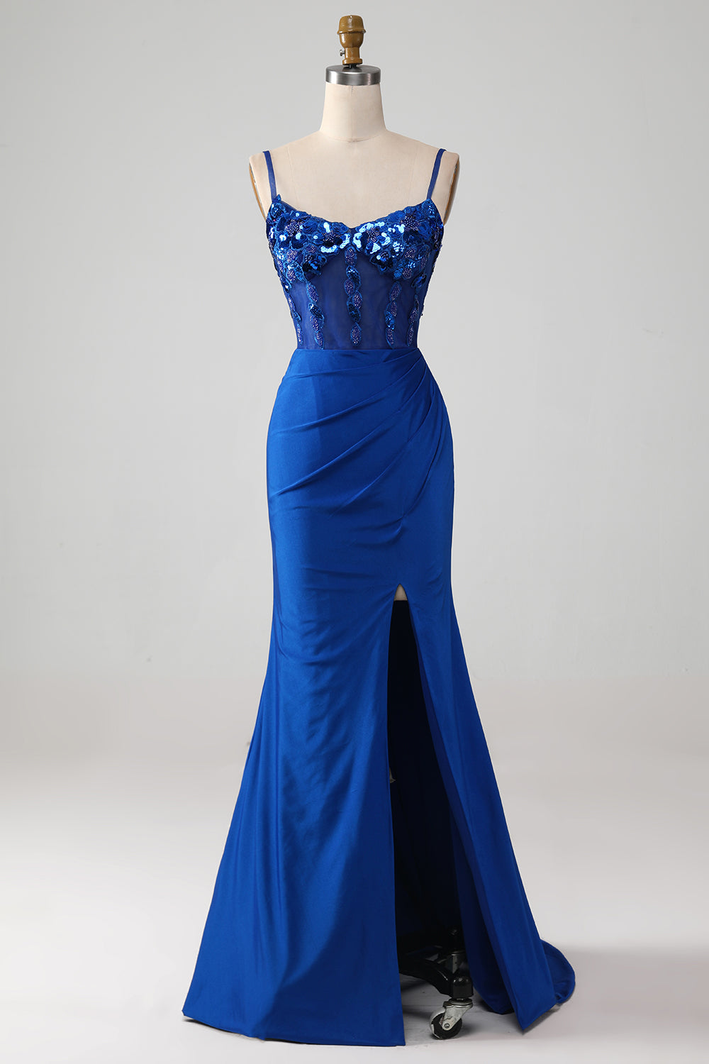 Royal Blue Mermaid Spaghetti Straps Beaded Corset Prom Dress with Slit Sexy Evening Dresses