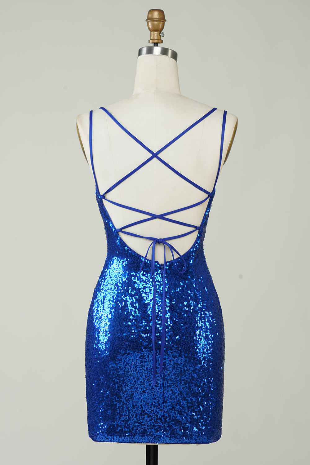 Royal Blue Sheath Spaghetti Straps Tight Sequins Backless Short Homecoming Dress Sparkly