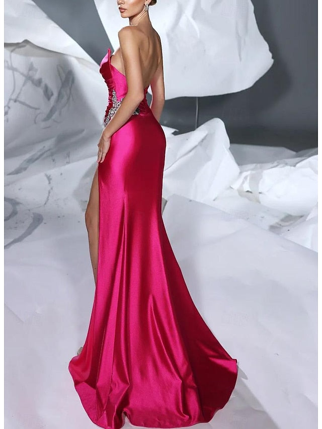 Sheath/Column V-Neck Sleeveless Floor-Length Long Prom Floral Dresses With Split Side Ruffles Sash