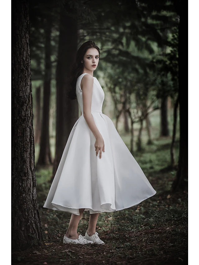 A-Line Wedding Dresses Jewel Neck Tea Length Chiffon Over Satin Cap Sleeve Simple Casual Little White Dress Pure Color