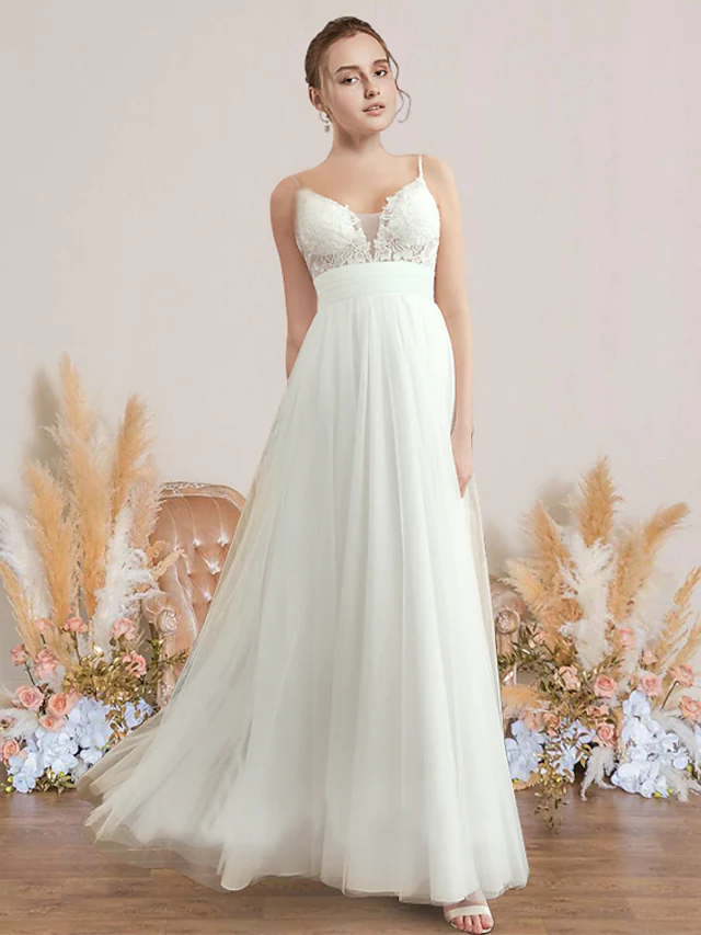 A-Line Wedding Dresses V Neck Spaghetti Strap Floor Length Chiffon Lace Sleeveless Romantic Sexy with Pleats