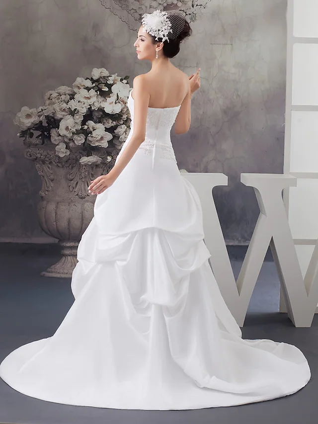 A-Line Wedding Dresses Strapless Court Train Satin Strapless with Beading Appliques Off Shoulder