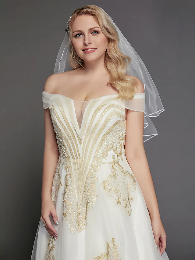 Princess Wedding Dresses Off Shoulder Chapel Train Lace Tulle Cap Sleeve Glamorous Illusion Detail