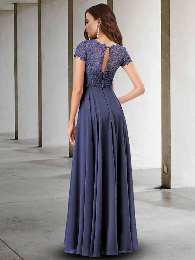 A-Line Mother of the Bride Dress Elegant Jewel Neck Floor Length Chiffon Lace Short Sleeve with Pleats