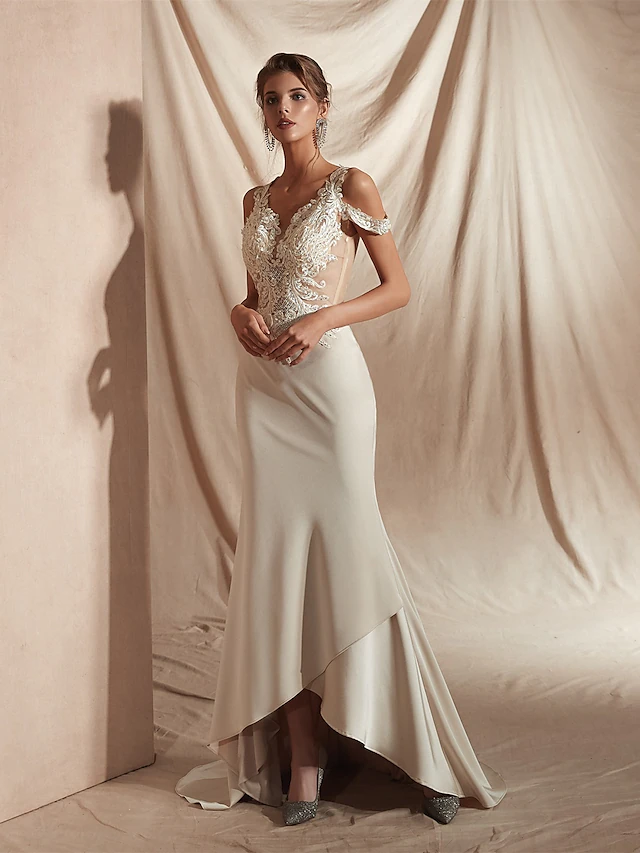 Mermaid Trumpet Wedding Dresses V Neck Asymmetrical Matte Satin Short Sleeve Casual Sexy Illusion Detail Modern