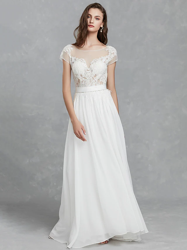Long Wedding Dresses Bateau Neck Satin Long Sleeve Mordern Backless with Buttons