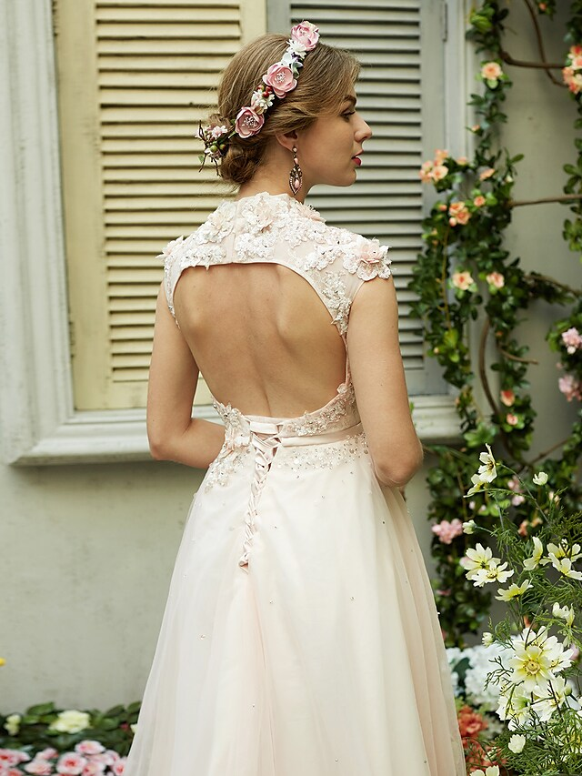 A-Line Wedding Dresses High Neck Sweep Brush Train Tulle Short Sleeve Open Back with Bowknot Sash Ribbon