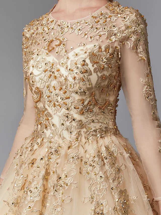 Ball Gown Wedding Dresses Jewel Neck Lace Tulle Long Sleeve Glamorous See-Through Backless Modern with Beading
