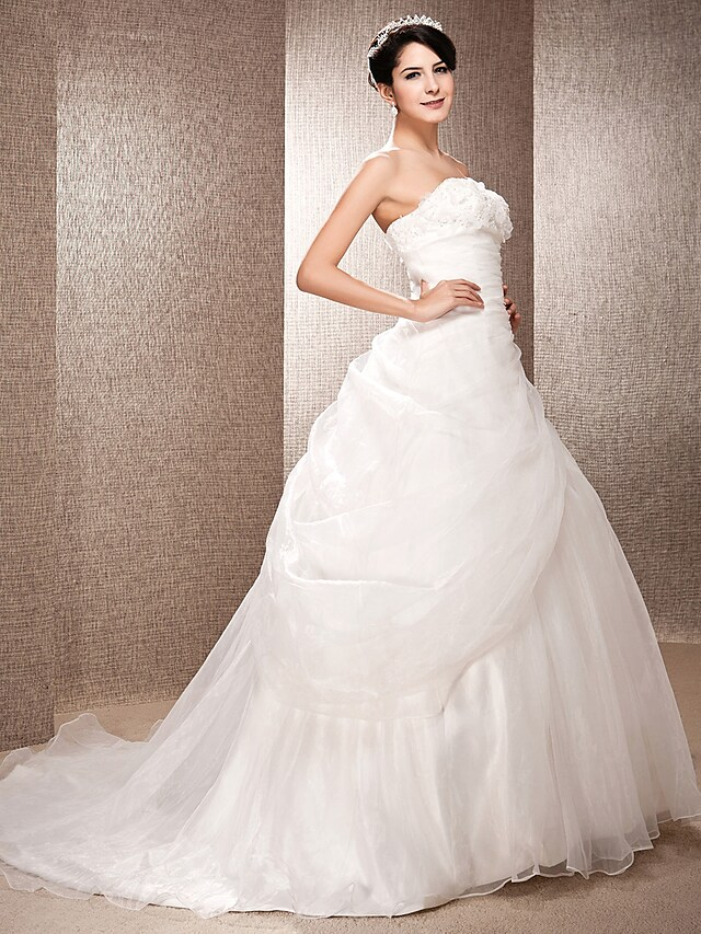 Ball Gown A-Line Wedding Dresses Strapless Court Train Organza Sleeveless Off Shoulder