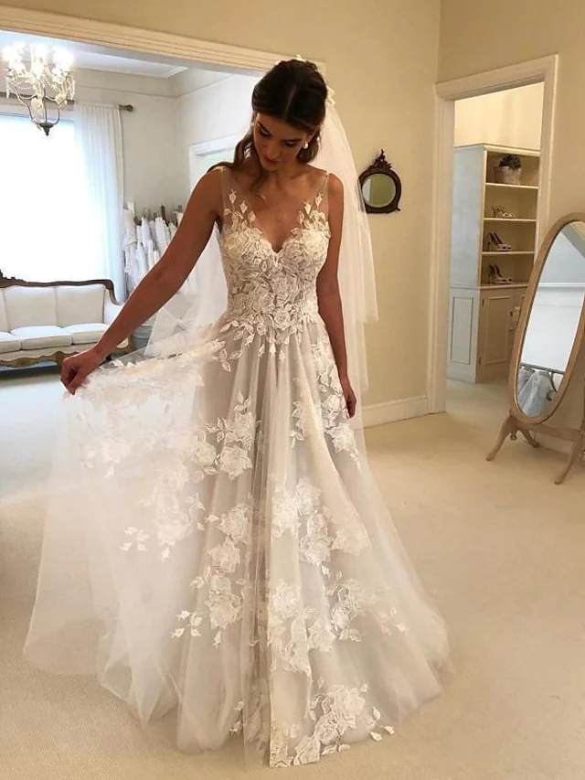 A-Line Wedding Dresses V Neck Court Train Lace Regular Straps Formal Casual Beach Long