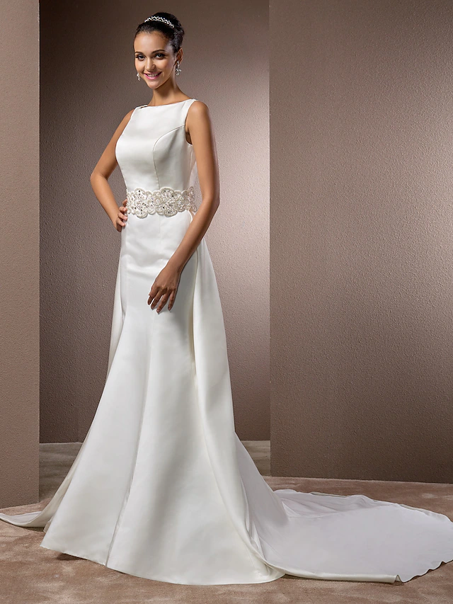 Wedding Dresses Bateau Neck Cathedral Train Satin Regular Straps Vintage Inspired