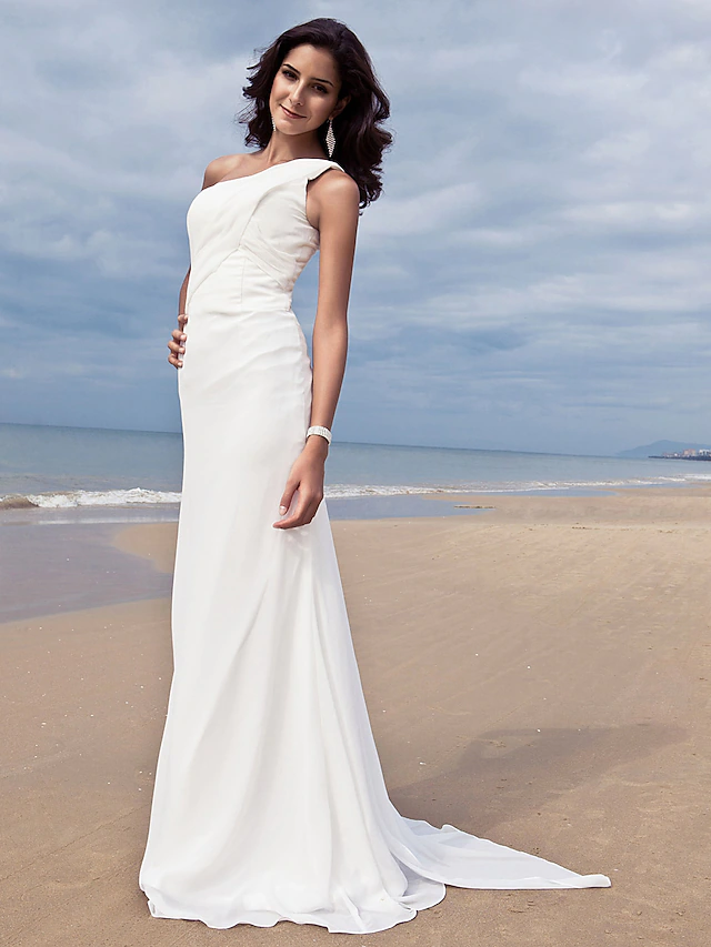 Wedding Dresses One Shoulder Chiffon Regular Straps Simple Plus Size Pure Color