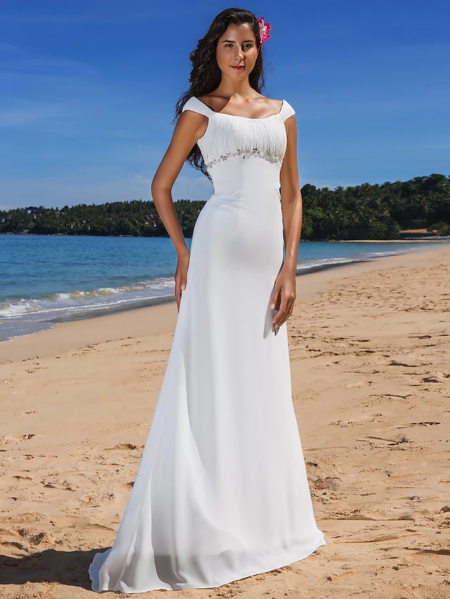 Wedding Dresses Scoop Neck Chiffon Cap Sleeve Beach Plus Size with Beading Draping