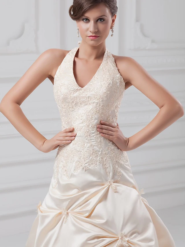 A-Line Wedding Dresses Halter Neck Chapel Train Lace Satin Regular Straps with Pick Up Skirt Beading