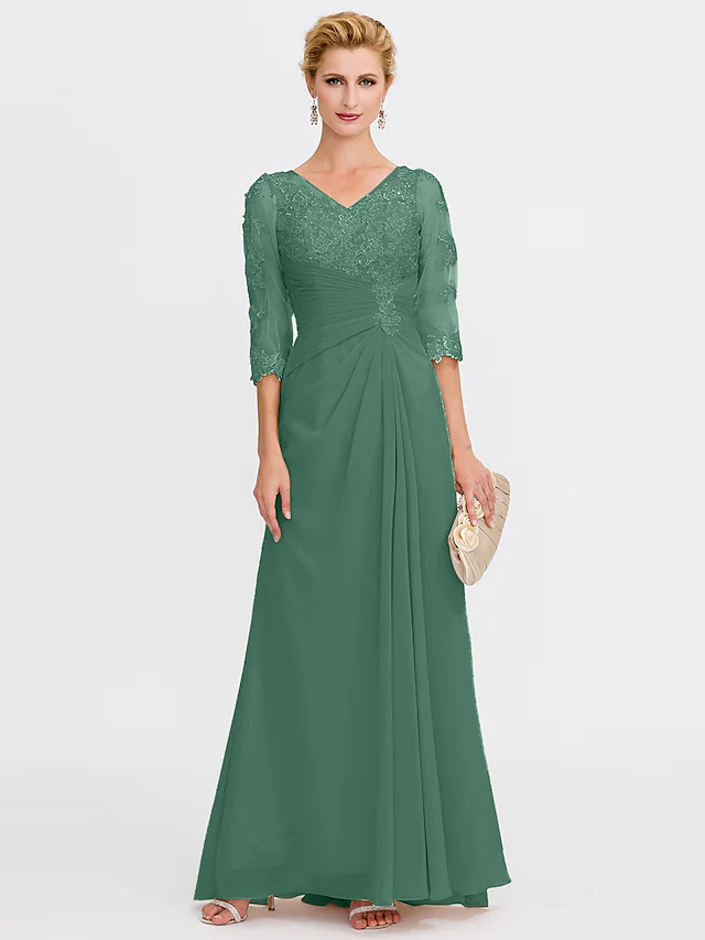Mother of the Bride Dress Elegant See Through V Neck Floor Length Chiffon Sheer Lace Half Sleeve