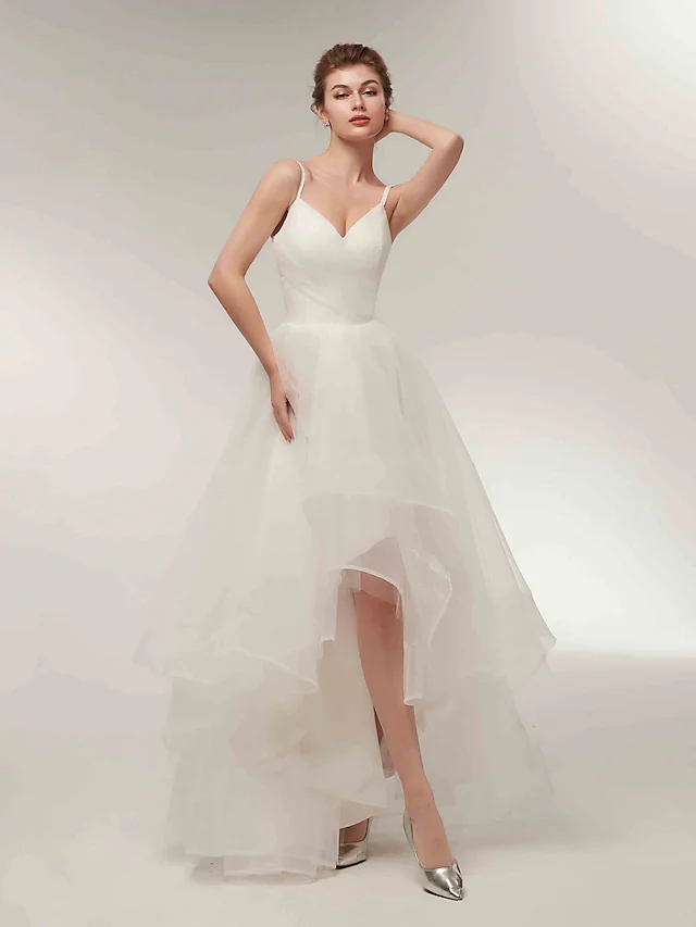A-Line Wedding Dresses V Neck Asymmetrical Tulle Spaghetti Strap Simple Casual Little White Dress