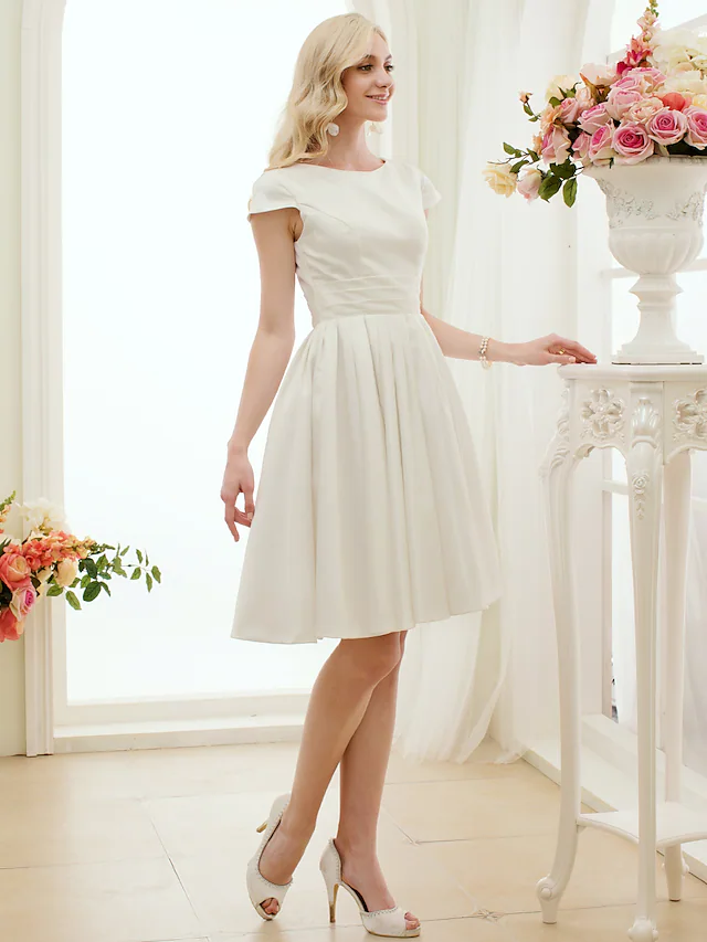 A-Line Wedding Dresses Jewel Neck Knee Length Satin Short Sleeve Formal Simple Casual Little White Dress with Sash
