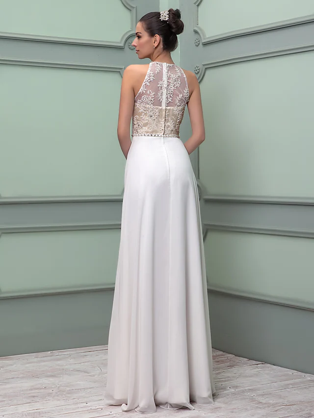 Wedding Dresses Jewel Neck Floor Length Chiffon Lace Regular Straps See-Through with Sash Ribbon