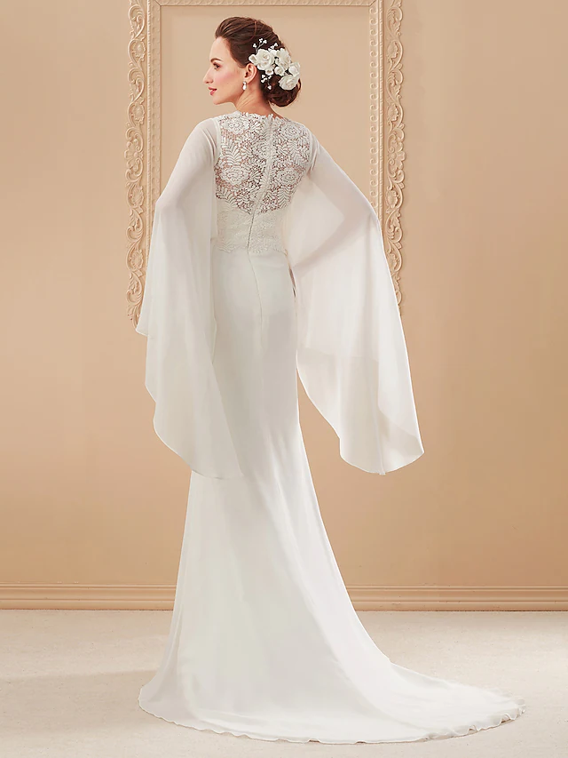 Wedding Dresses V Neck Court Train Chiffon Long Sleeve with Beading Pure Color