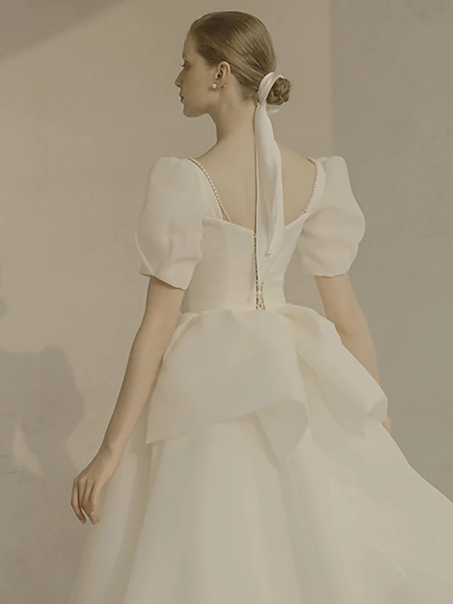 A-Line Wedding Dresses Scoop Neck Ankle Length Organza Short Sleeve Country Simple Little White Dress