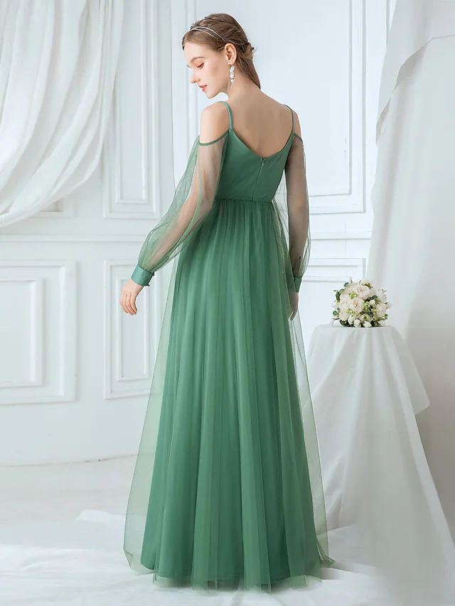 A-Line Spaghetti Strap Tulle Bridesmaid Dress with Appliques Beautiful Flower