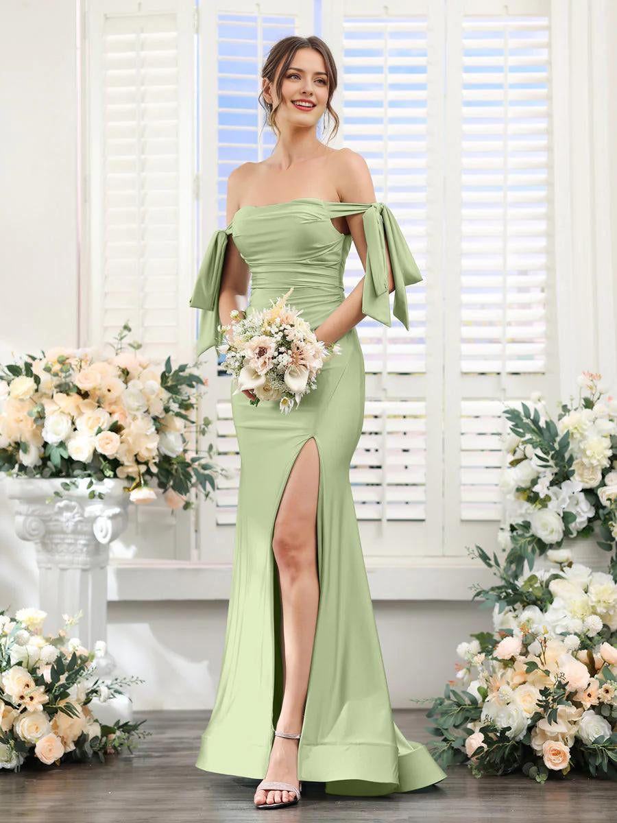 A-Line V-Neck Sleeve Bridesmaid Dress for Wedding Guest Long Chiffon Formal Party Dresses with Slit Sexy