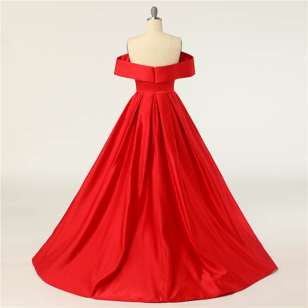 Sexy A-Line Long Off The Shoulder High Slit Satin Prom Dresses Evening Dresses
