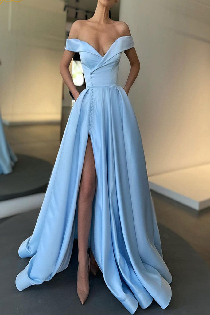 Sexy A-Line Long Off The Shoulder High Slit Satin Prom Dresses Evening Dresses