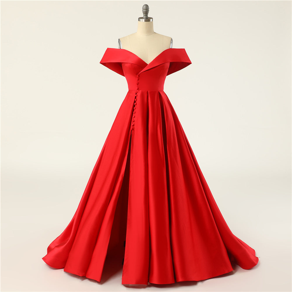 Sexy A-Line Long Off The Shoulder High Slit Satin Prom Dresses Evening Dresses