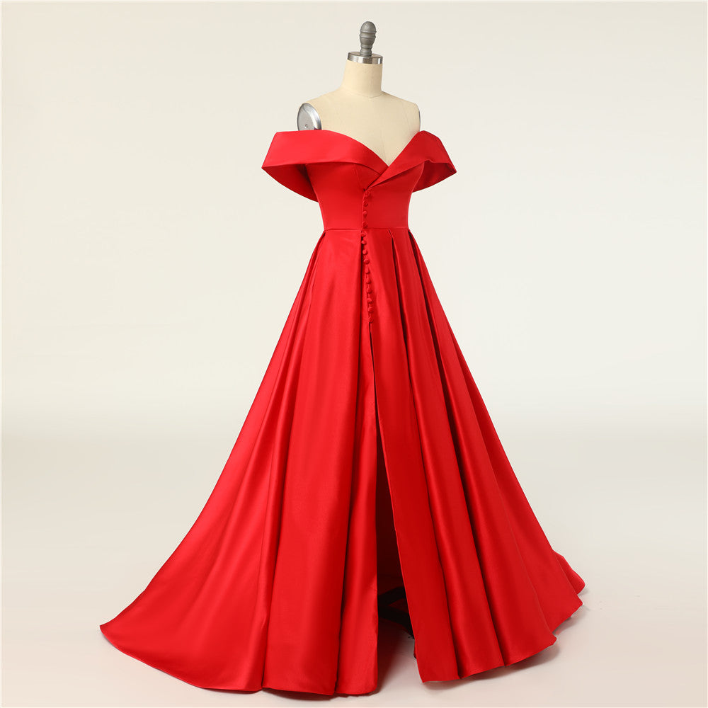 Sexy A-Line Long Off The Shoulder High Slit Satin Prom Dresses Evening Dresses