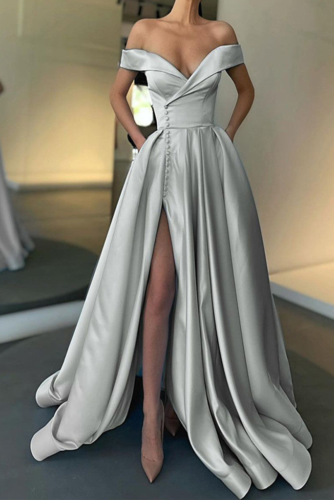 Sexy A-Line Long Off The Shoulder High Slit Satin Prom Dresses Evening Dresses
