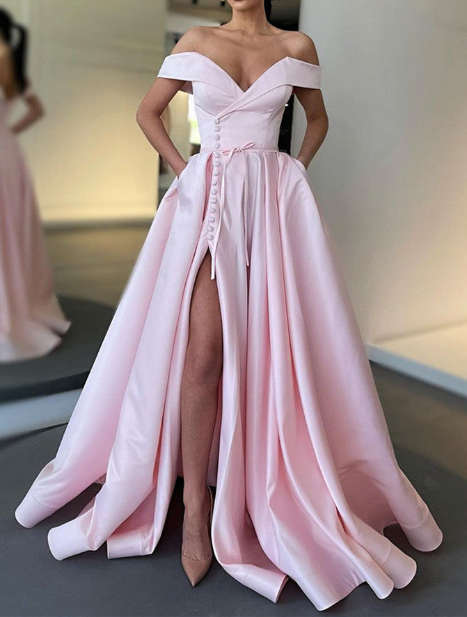 Sexy A-Line Long Off The Shoulder High Slit Satin Prom Dresses Evening Dresses