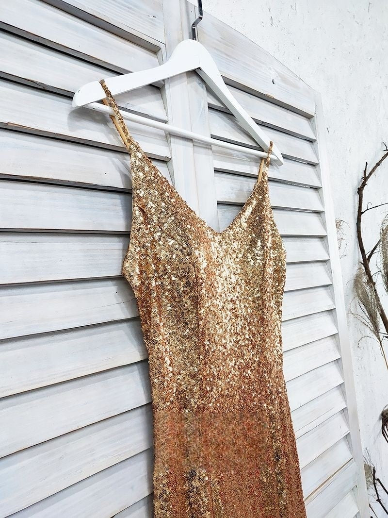 Sexy Champagne Gold Mermaid Spaghetti Straps Prom Dresses Side Slit Backless Formal Dresses Sparkly