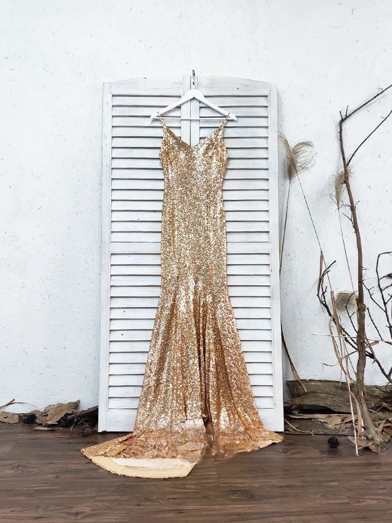 Sexy Champagne Gold Mermaid Spaghetti Straps Prom Dresses Side Slit Backless Formal Dresses Sparkly