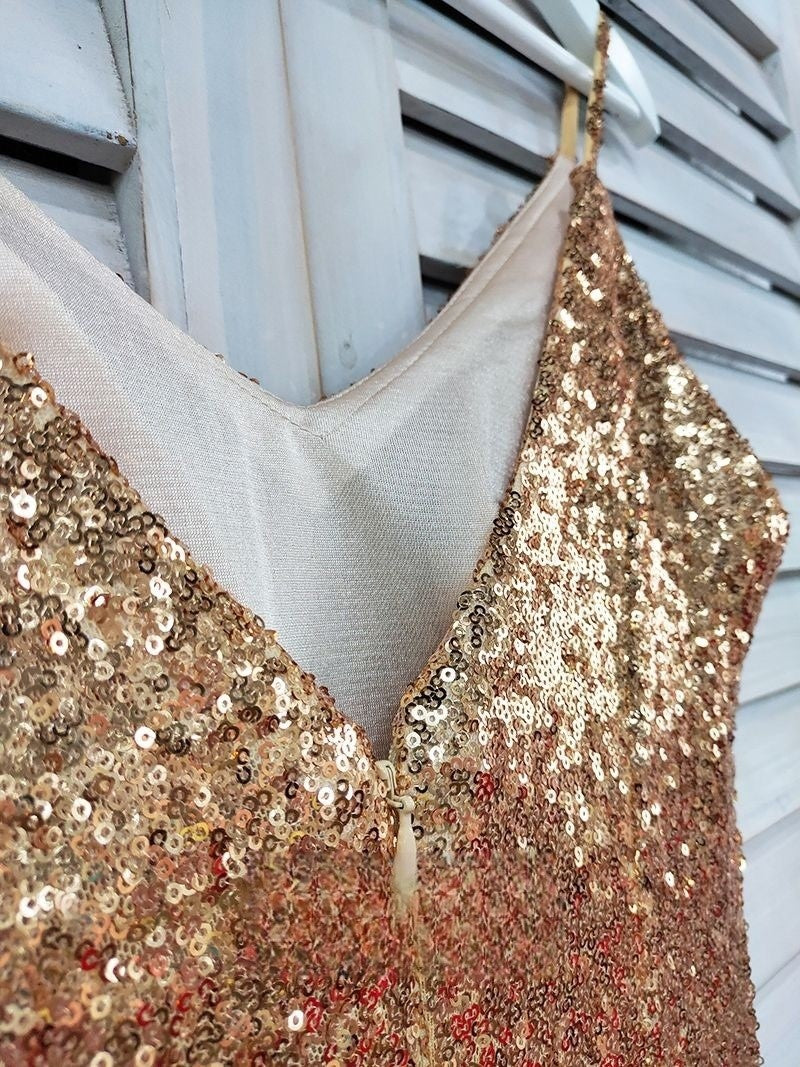 Sexy Champagne Gold Mermaid Spaghetti Straps Prom Dresses Side Slit Backless Formal Dresses Sparkly