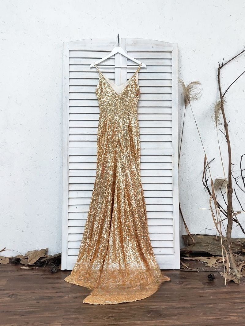 Sexy Champagne Gold Mermaid Spaghetti Straps Prom Dresses Side Slit Backless Formal Dresses Sparkly