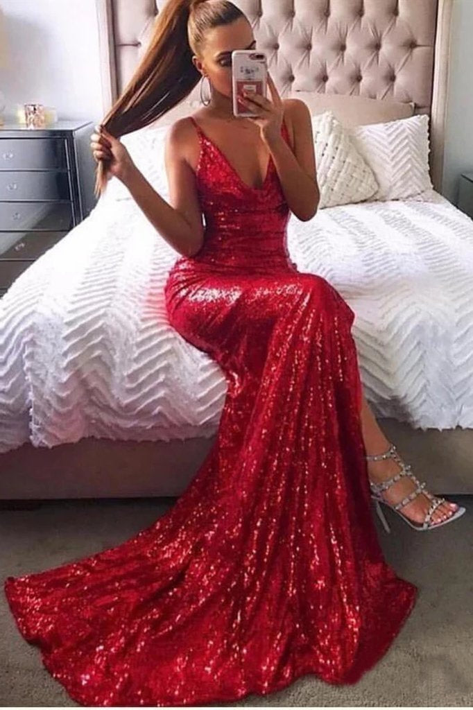 Sexy Champagne Gold Mermaid Spaghetti Straps Prom Dresses Side Slit Backless Formal Dresses Sparkly