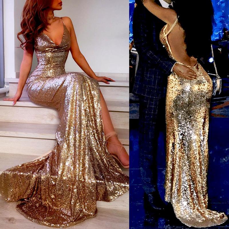 Sexy Champagne Gold Mermaid Spaghetti Straps Prom Dresses Side Slit Backless Formal Dresses Sparkly