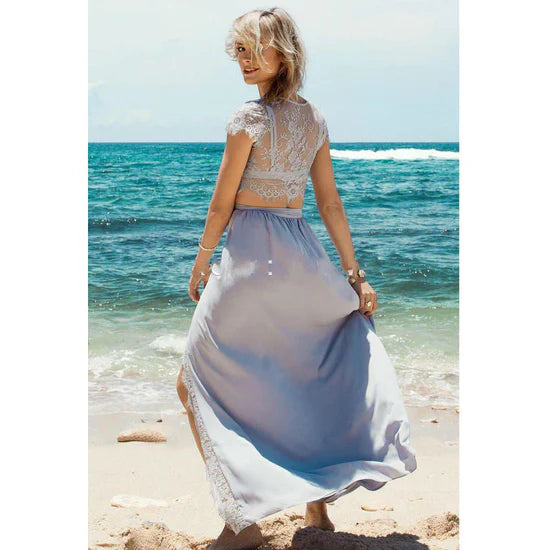 A-Line Prom Dresses Sexy Slit Two Piece Cheap Cap Sleeve Lace Scoop Formal Dress Evening Dress